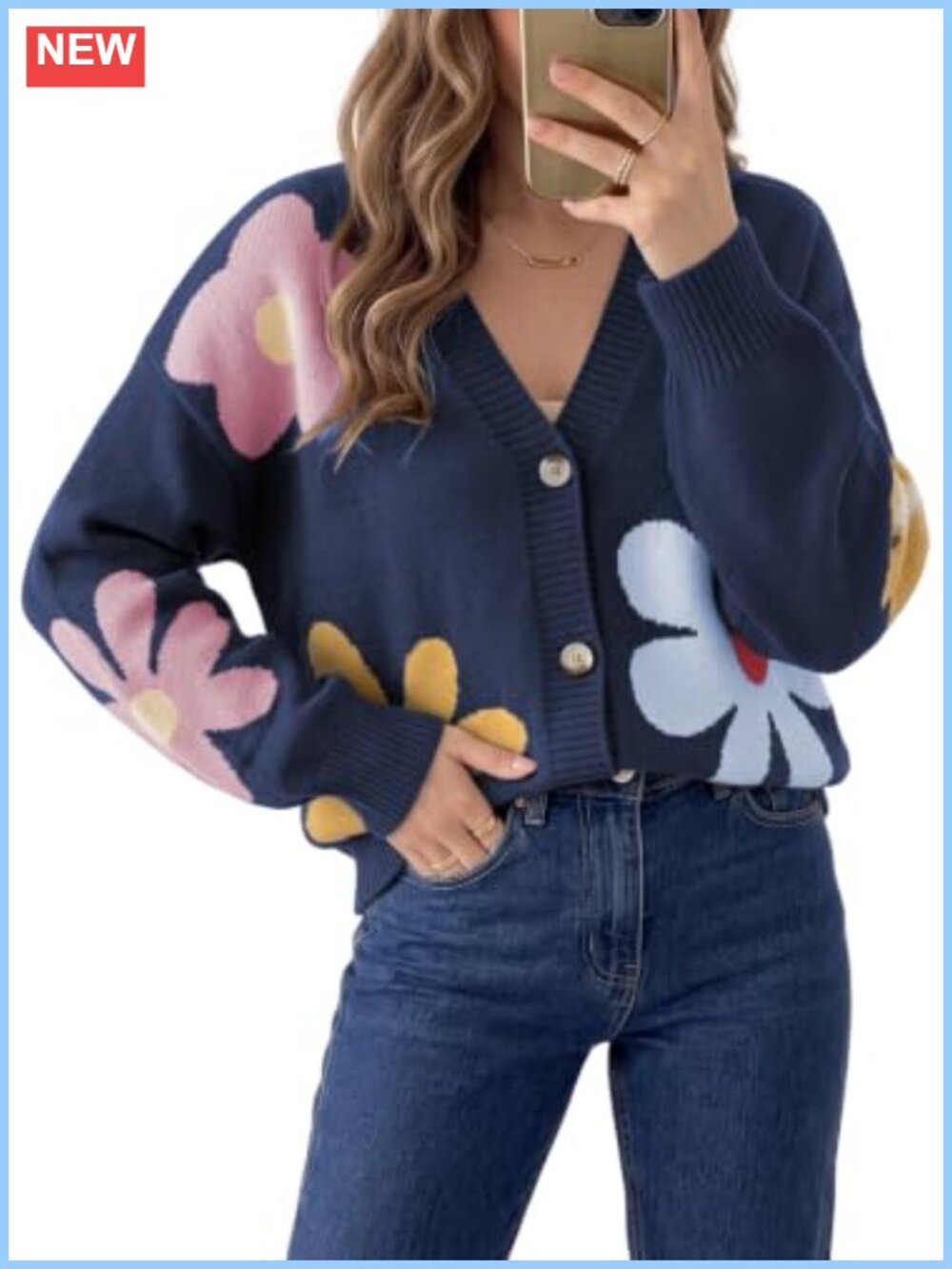 Women's Long Sleeve V-Neck Button Down Floral Knit Cardigan Sweater